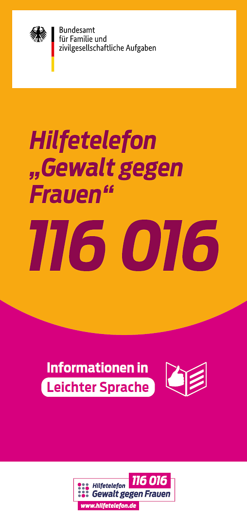 Titelseite vom Flyer Hilfetelefon "Gewalt gegen Frauen" - Informationen in Leichter Sprache